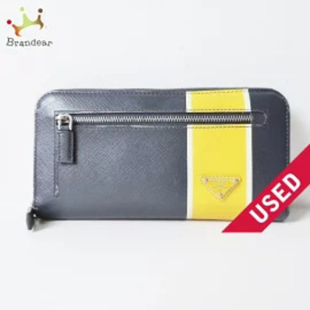 Prada Long Wallet Round Zipper Navy Blue Yellow Ivory White Leather